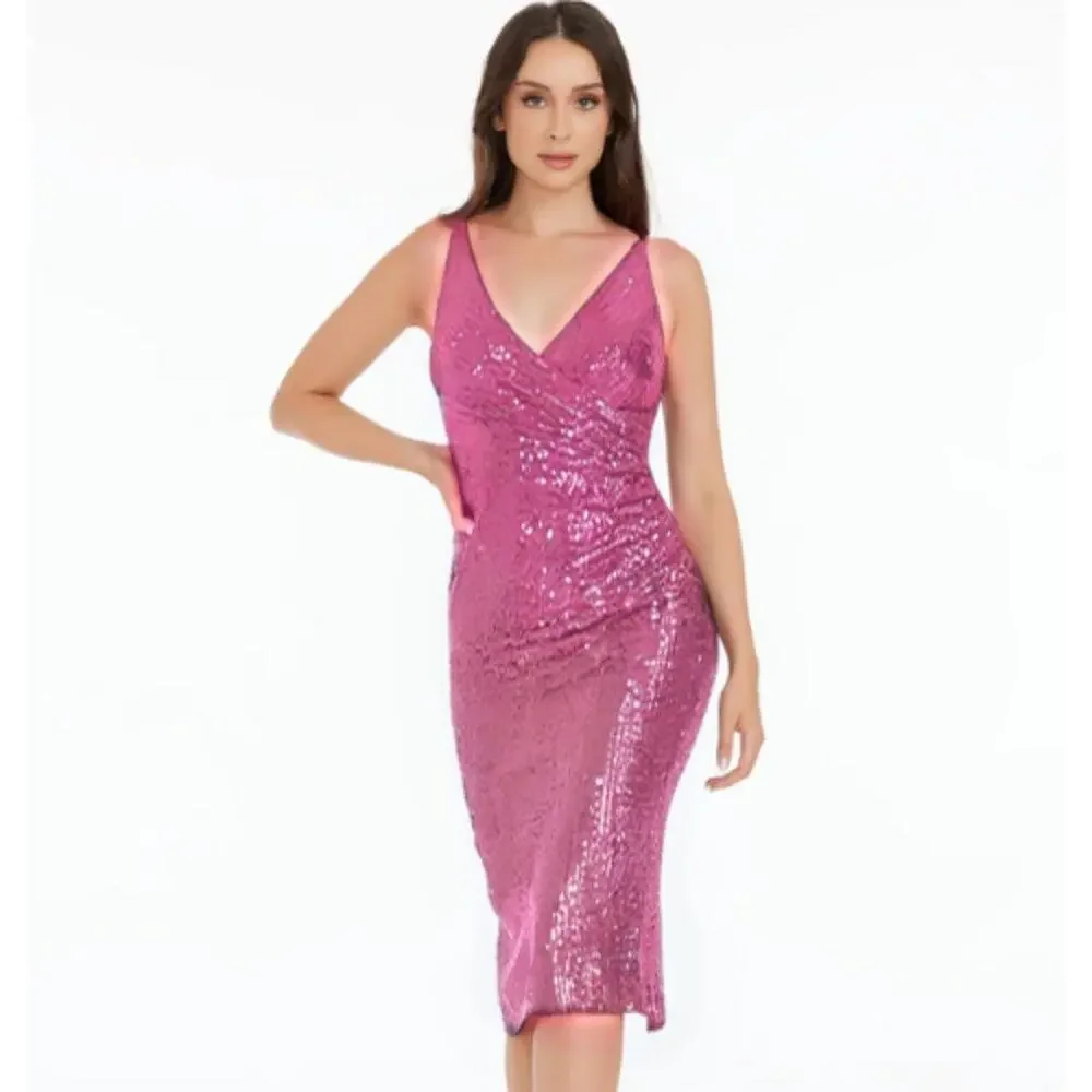 Dress The Population Anita Pink Sequin Midi Wrap Dress Size Small